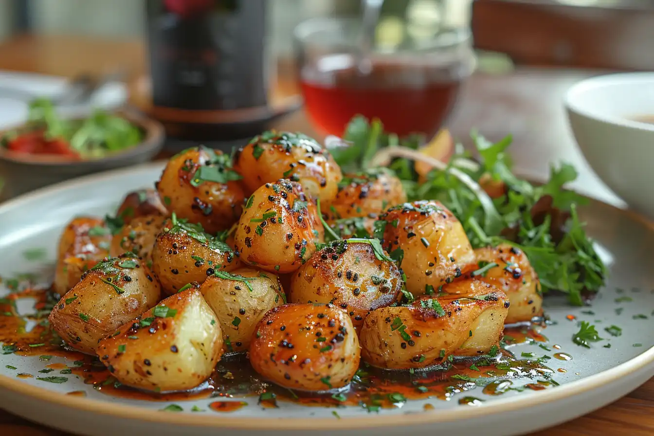 Golden crispy Bang Bang Potatoes garnished with fresh herbs and black sesame seeds, served on a white plate with spicy sauce.