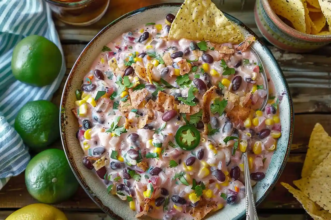 Hot Cowgirl Dip Cold - A bowl of Hot Cowgirl Dip served cold, topped with shredded cheddar cheese, paprika, and chives, surrounded by crispy tortilla chips on a wooden platter.