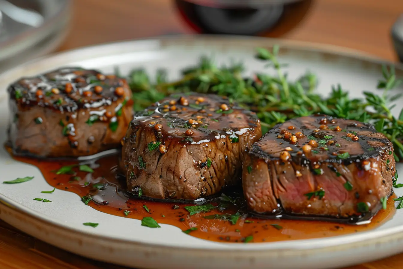 How To Cook Beef Medallions- Juicy filet mignon steaks drizzled with a rich peppercorn sauce, garnished with fresh herbs.