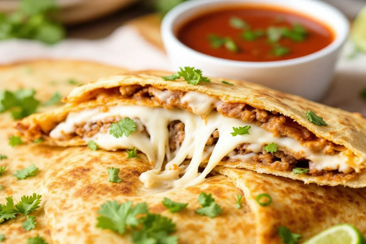 A close-up of a delicious, cheesy Birria Quesadilla filled with flavorful birria meat, garnished with cilantro, and served with a side of red consommé.