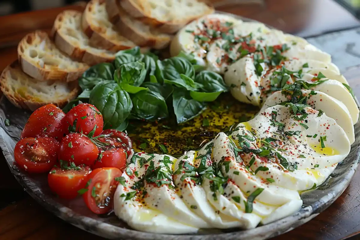 A platter of sliced mozzarella cheese drizzled with olive oil and herbs, served with cherry tomatoes, fresh basil, and toasted bread.