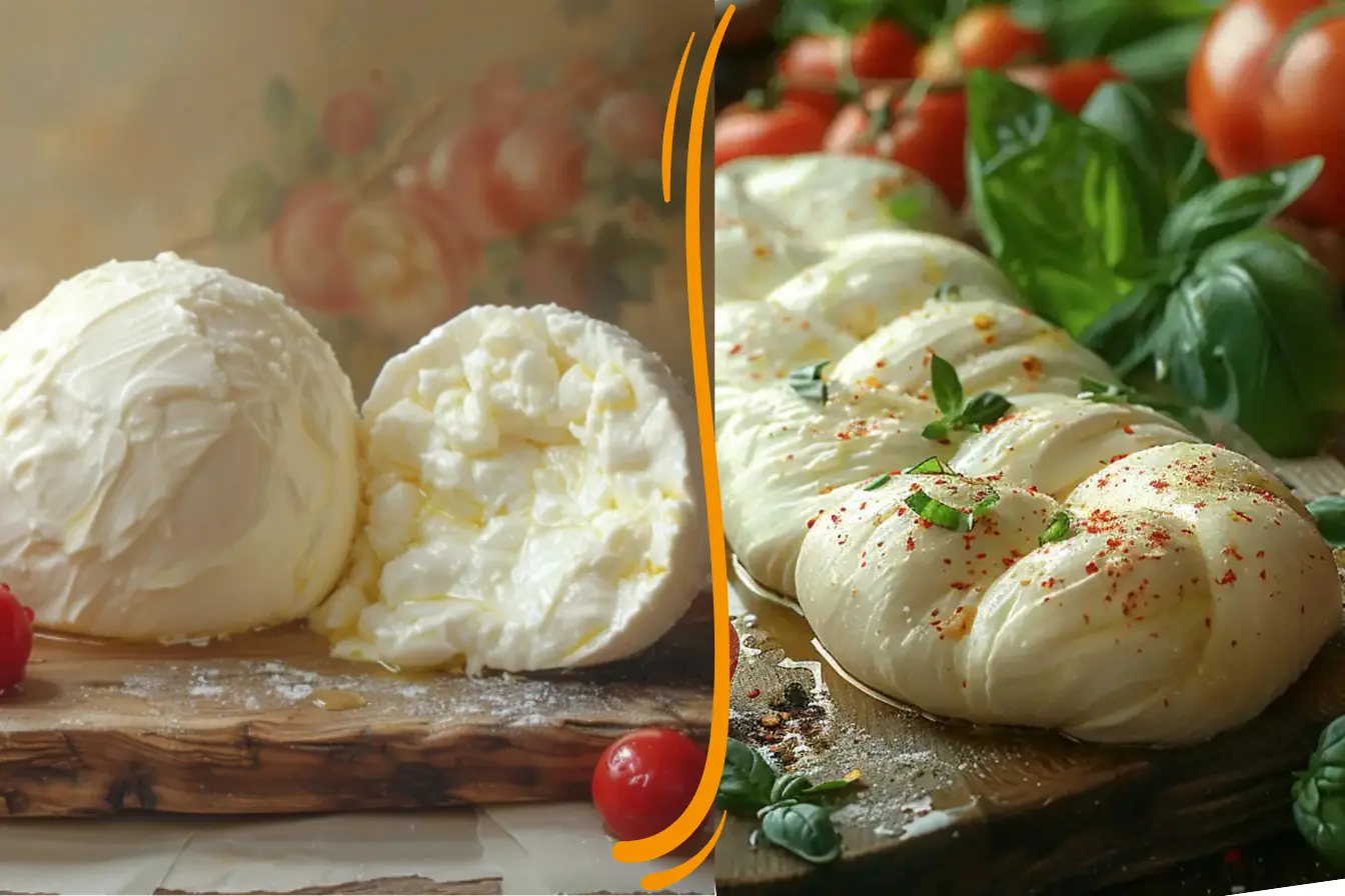 A side-by-side comparison of burrata and mozzarella cheese, highlighting the creamy interior of burrata and the firm, braided texture of mozzarella, garnished with basil and cherry tomatoes. Mozzarella Vs Burrata