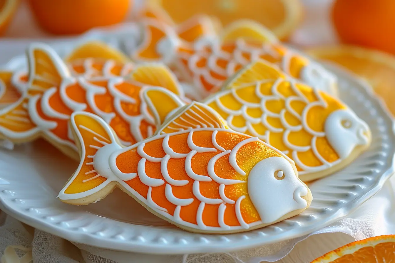 Orange Fish Cookies Recipe – Vibrant fish-shaped cookies decorated with orange and yellow icing, showcasing intricate scales and details. Perfect for an orange fish cookies recipe.