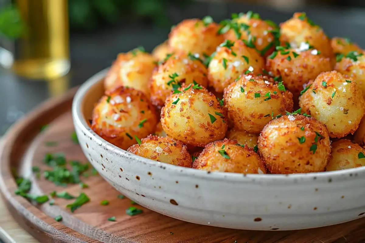 Golden crispy baby potatoes garnished with fresh chives in a rustic white bowl, served as Crispy Bang Bang Potatoes.