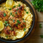 Best Way to Cook Orzo, Lemon chicken orzo pasta served with fresh parsley and lemon wedges on a rustic wooden table.