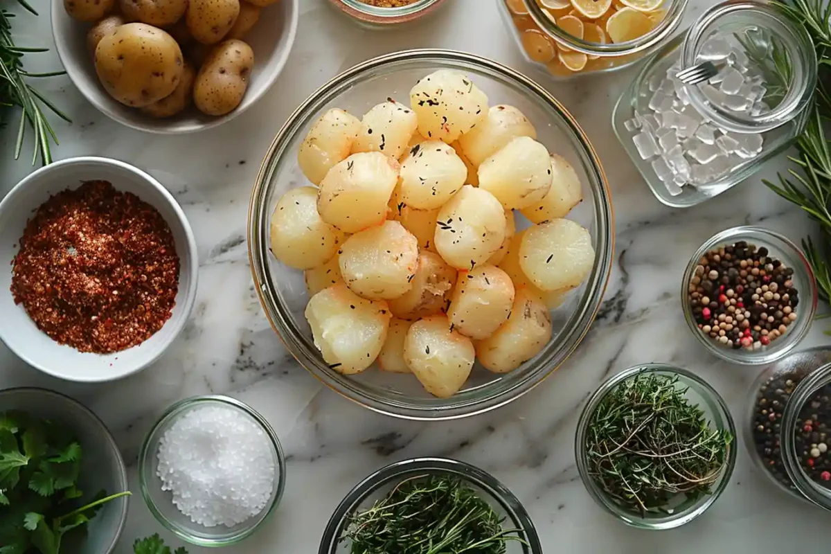 Parboiled baby potatoes in a glass bowl surrounded by spices, herbs, and seasonings for making Crispy Bang Bang Potatoes.