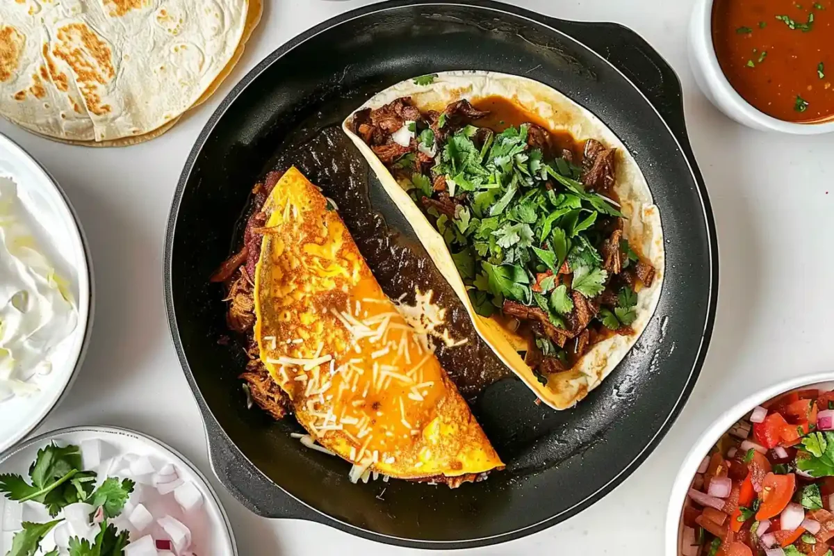 A cast-iron skillet with two Birria Tacos—one crispy, cheesy quesabirria and one soft taco with braised beef, fresh cilantro, and consommé. Surrounded by toppings like sour cream, onions, and salsa.
