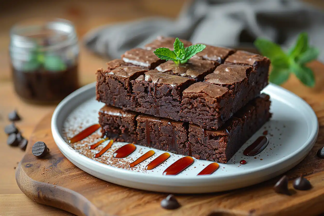 A stack of fudgy vegan sweet potato brownies, cut into squares and garnished with a fresh mint leaf, served on a white plate with chocolate drizzle.