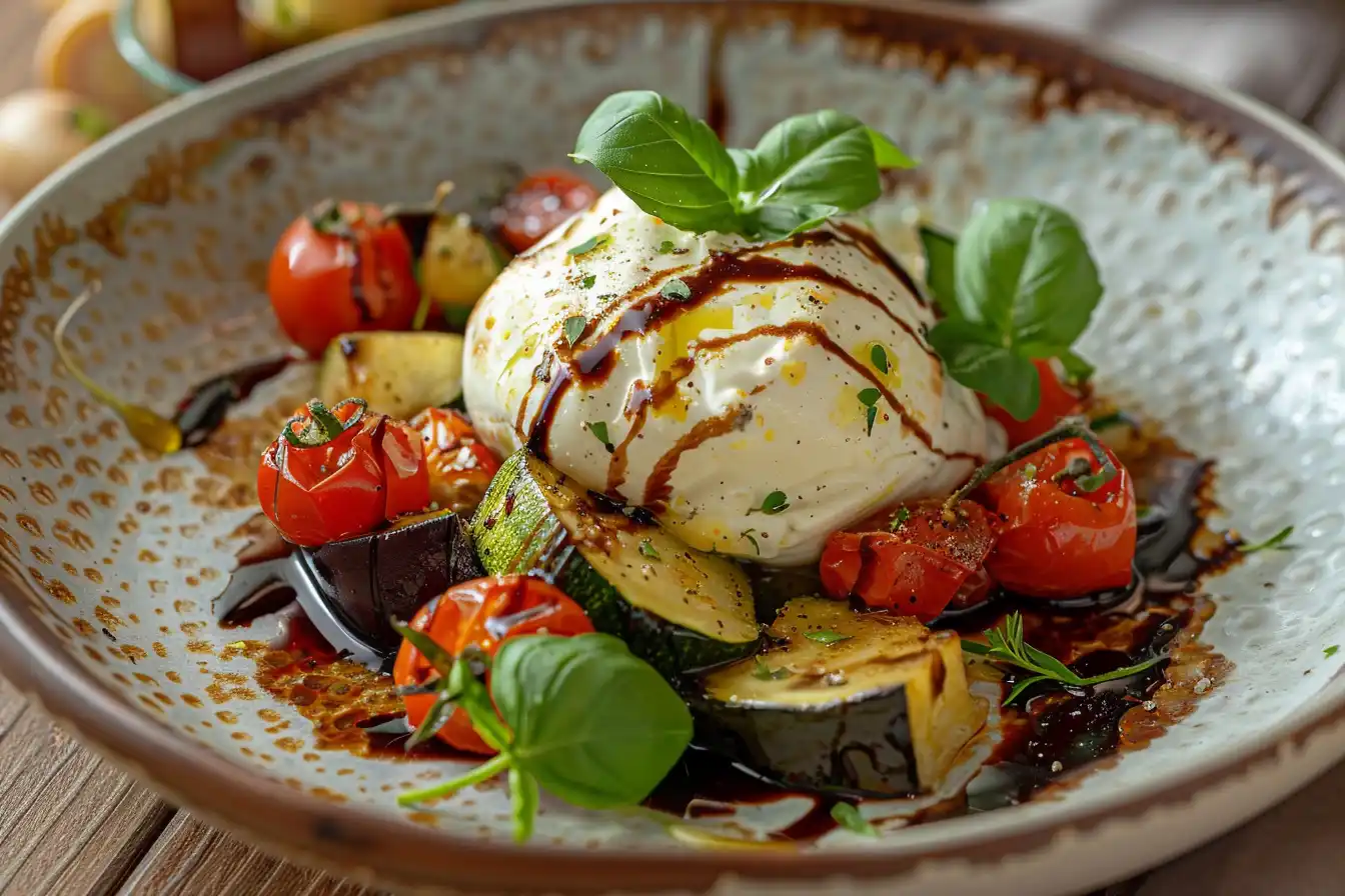 Delicious roasted vegetables including zucchini, cherry tomatoes, and eggplant, topped with fresh burrata cheese, drizzled with balsamic glaze, and garnished with basil. Does burrata melt?