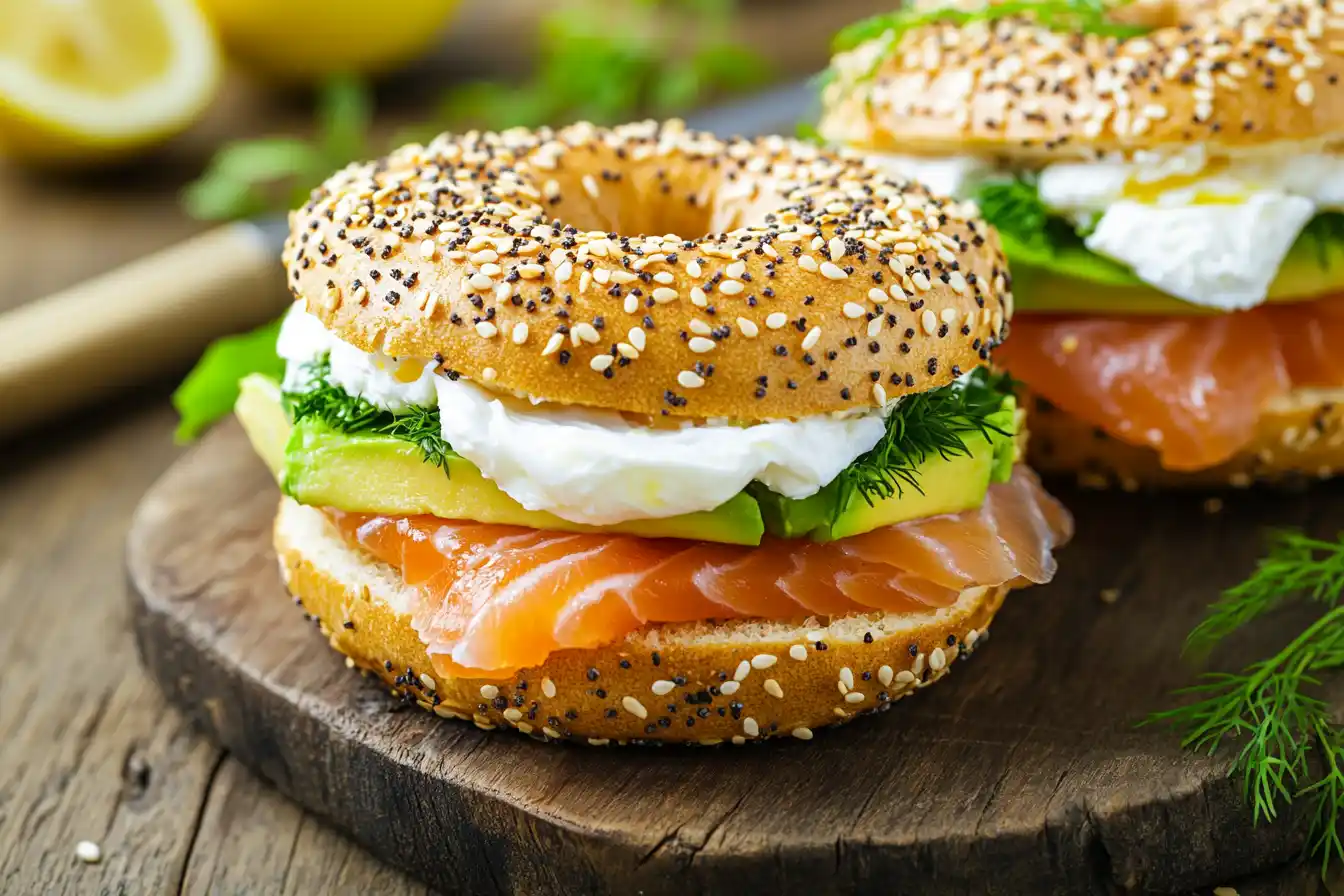 A high-protein bagel sandwich with smoked salmon, avocado, cream cheese, and fresh dill, served on a rustic wooden board.