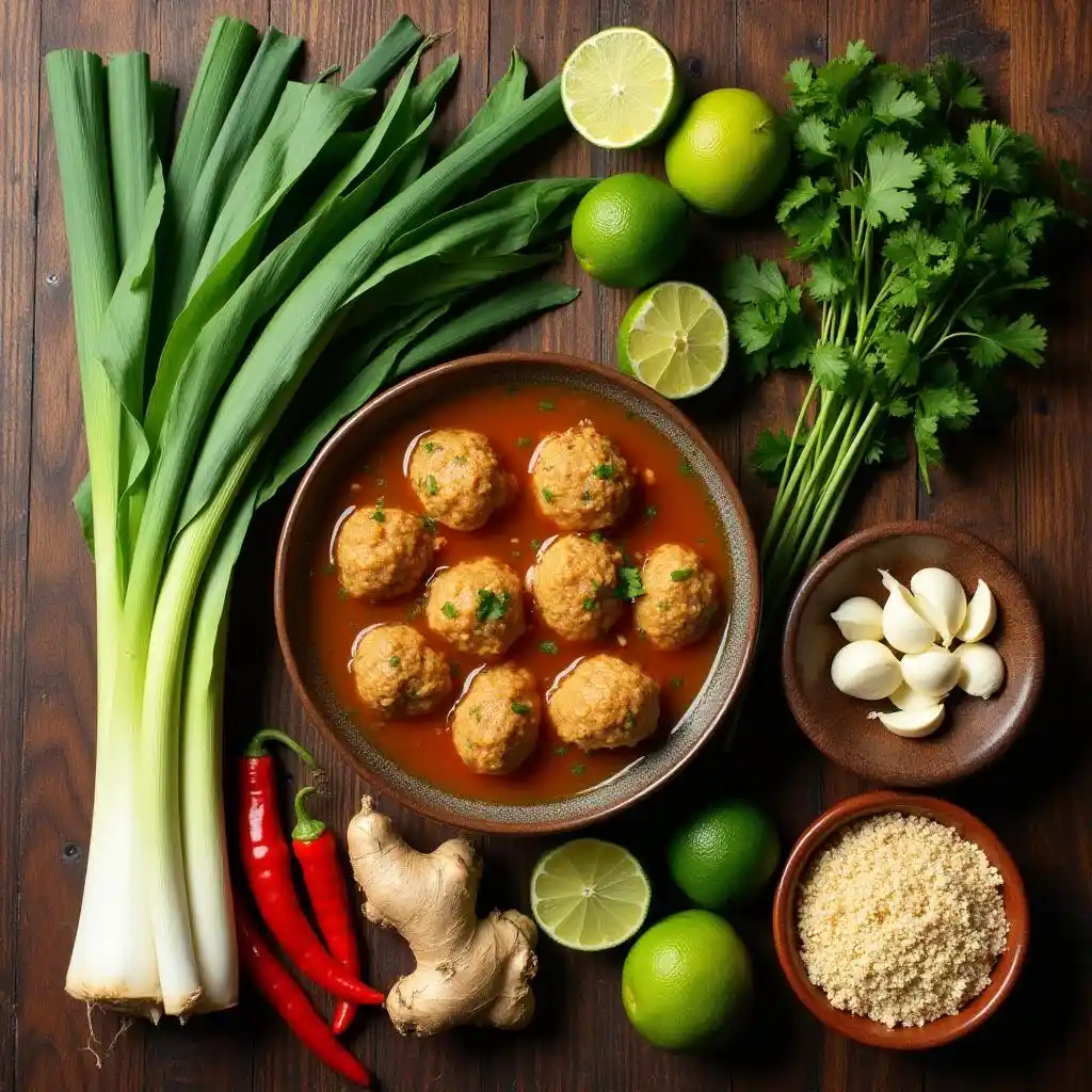 A bowl of meatballs in rich broth surrounded by fresh ingredients like leeks, limes, garlic, ginger, and chili on a wooden table.