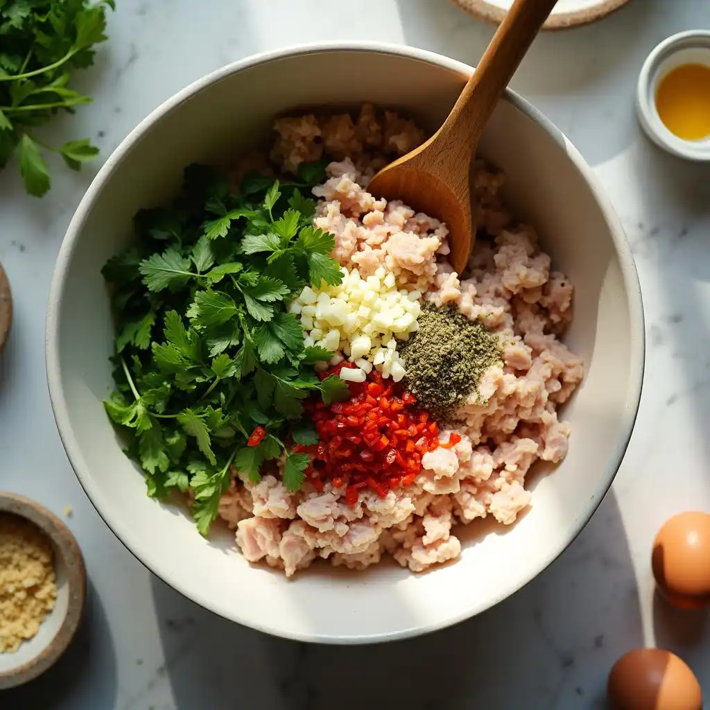 A bowl filled with minced chicken, chopped cilantro, garlic, red chili, and seasoning, with a wooden spoon mixing the ingredients.