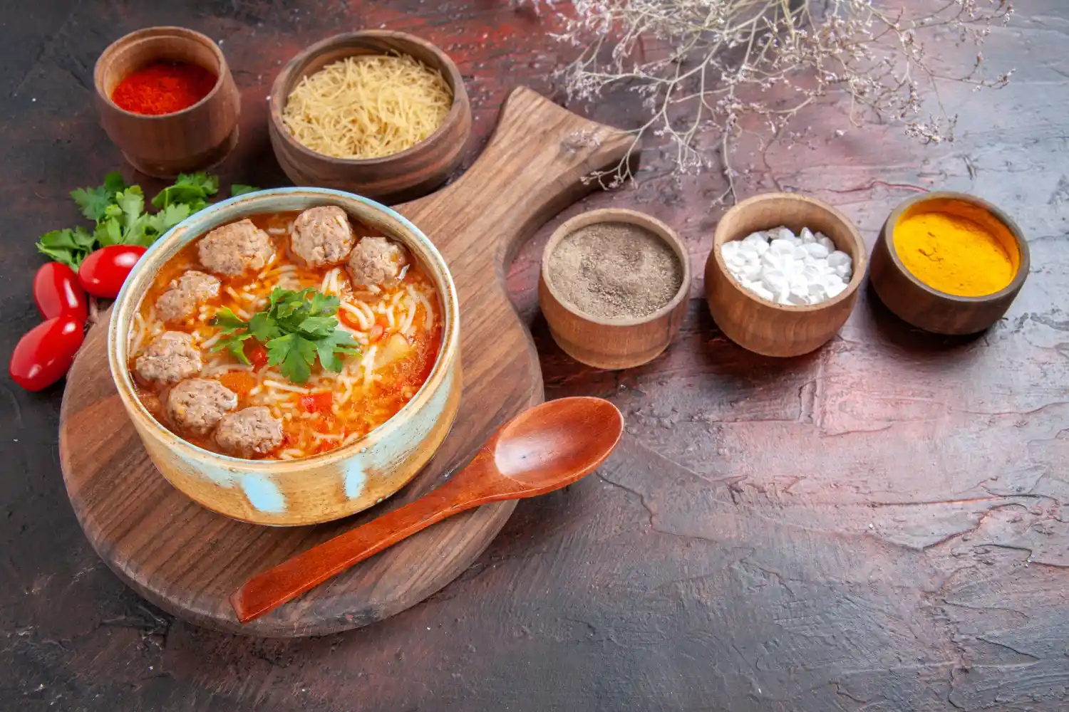 A bowl of meatball noodle soup garnished with fresh parsley, surrounded by spices and garnishes on a rustic wooden surface.