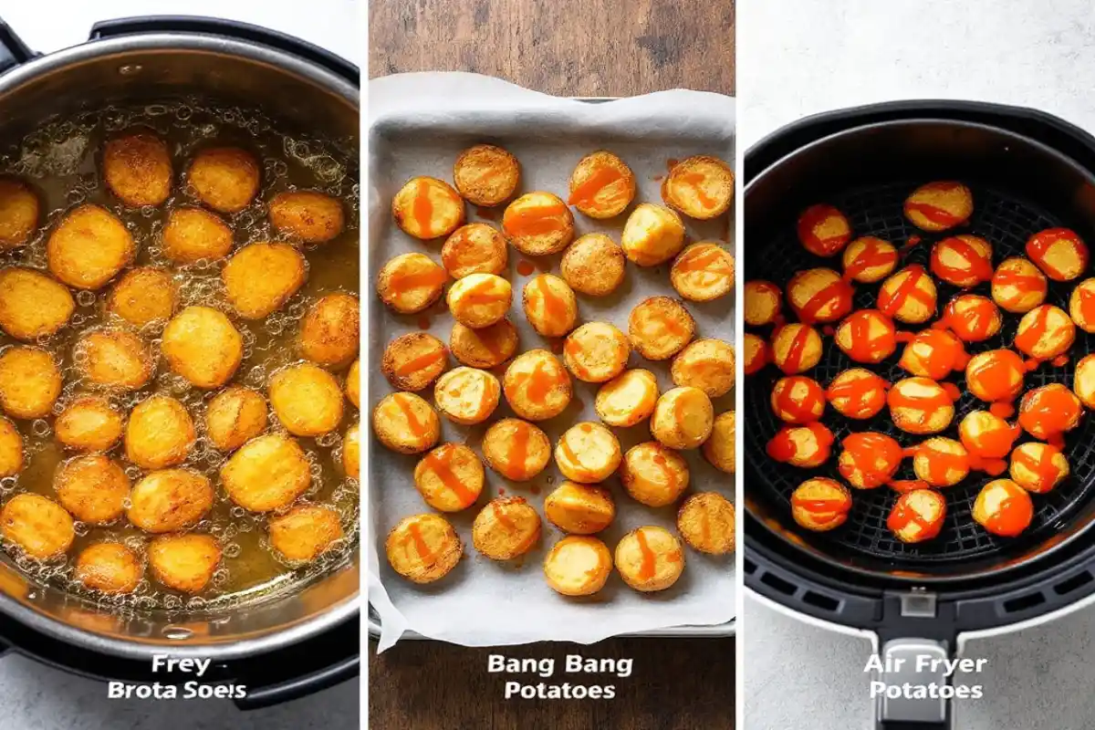 Three-step cooking process for Crispy Bang Bang Potatoes: deep frying, sauce application, and air frying.