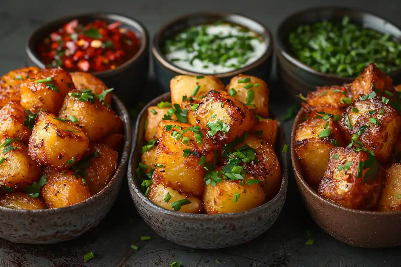 Crispy Bang Bang Potatoes - Three varieties of Crispy Bang Bang Potatoes served in ceramic bowls with dipping sauces and fresh herbs.