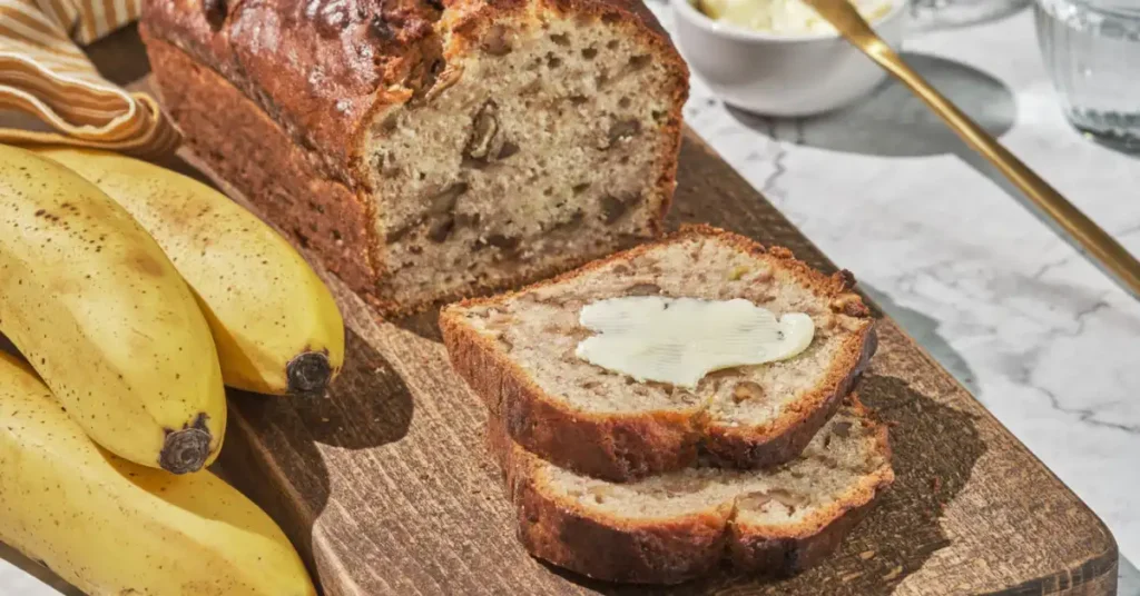 Freshly baked banana bread loaf with buttered slices and ripe bananas on a wooden board.