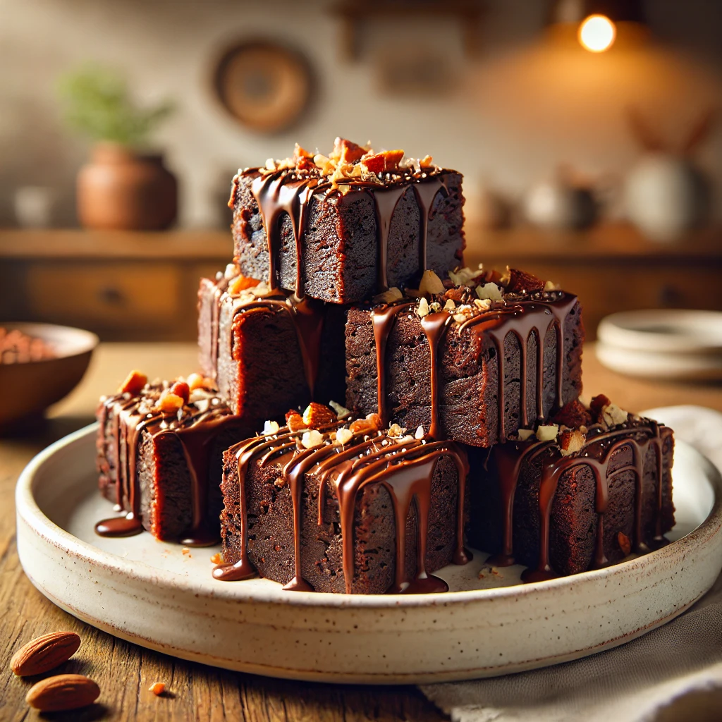 Vegan sweet potato brownies drizzled with chocolate sauce and garnished with crushed nuts, presented on a white ceramic plate in a cozy kitchen setting.