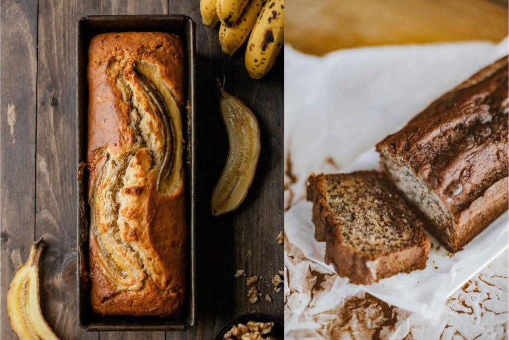 Two images of banana bread: one freshly baked in a loaf pan with banana topping, and the other sliced on parchment paper, showcasing its moist texture.