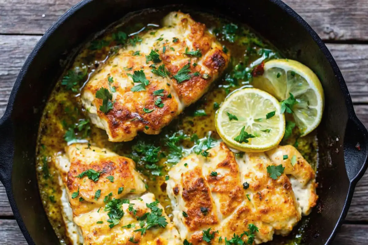 Baked garlic cod fillets in a skillet with lemon slices and parsley garnish.