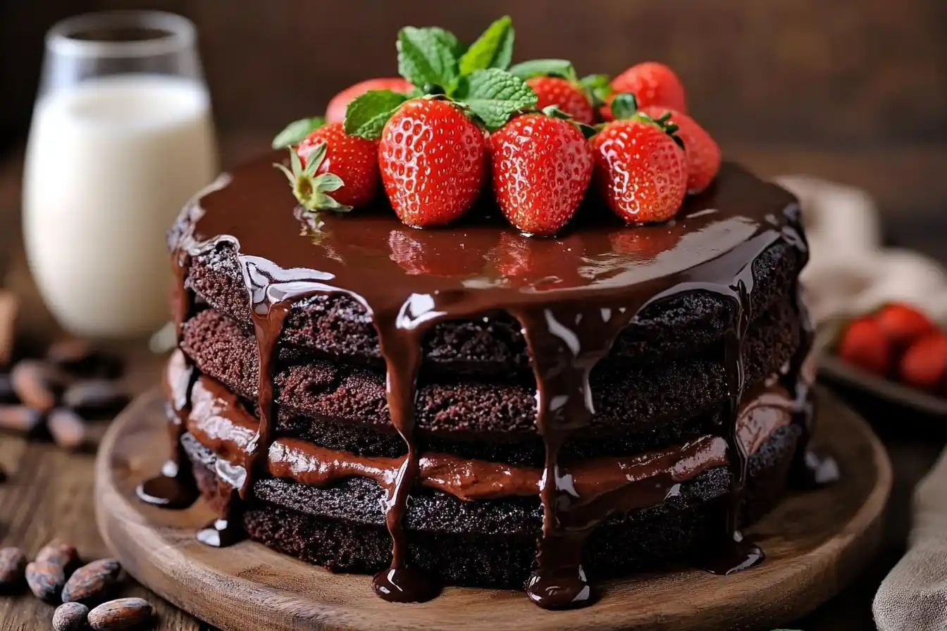 A rich and moist vegan chocolate cake with glossy chocolate ganache, topped with fresh strawberries and mint leaves.