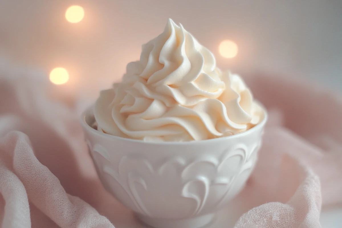 A swirl of fluffy Swiss meringue buttercream in a white decorative bowl with a soft pink fabric background and warm glowing lights.