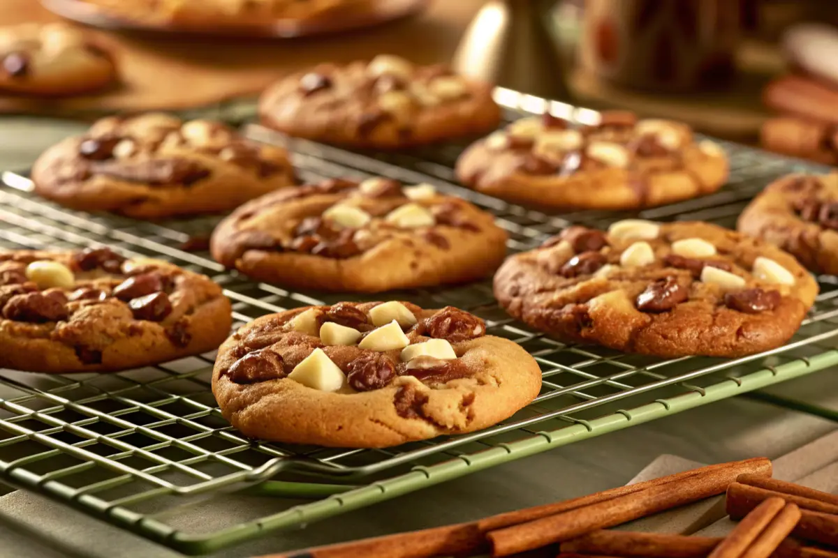 Mama Kelce's Cookies cooling on a rack, freshly baked with chocolate chips, white chocolate chunks, and pecans, surrounded by cinnamon sticks and a green patterned cloth.