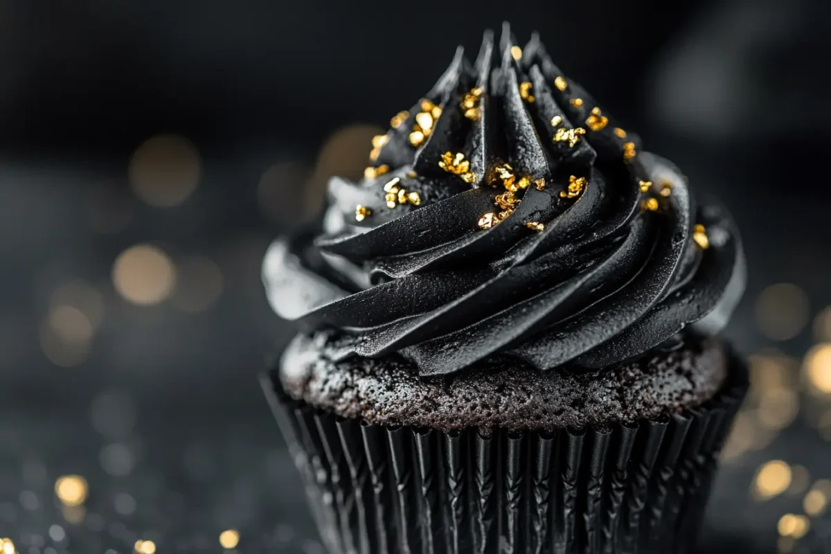 A luxurious charcoal-infused black dessert cupcake with gold flakes on black frosting.
