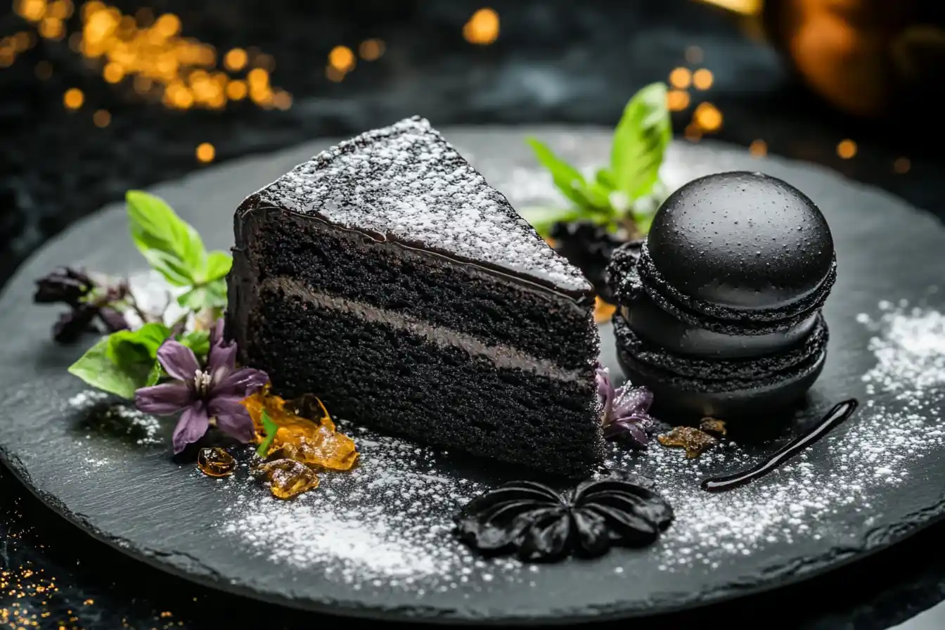 A slice of charcoal-infused black cake with black macarons on a slate plate.