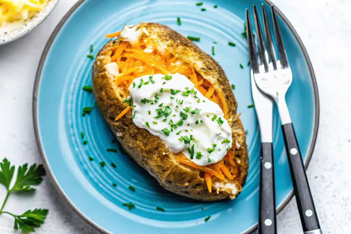Microwave baked potato loaded with cheddar cheese and sour cream