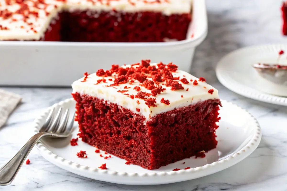 A square slice of Red Velvet Cake with cream cheese frosting, served on a plate. Title: Red Velvet Cake – Easy Sheet Cake Version.