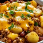 Close-up of Slow Cooker Cowboy Casserole served on a white plate, featuring tender potatoes, ground beef, kidney beans, and melted cheddar cheese, garnished with fresh parsley.