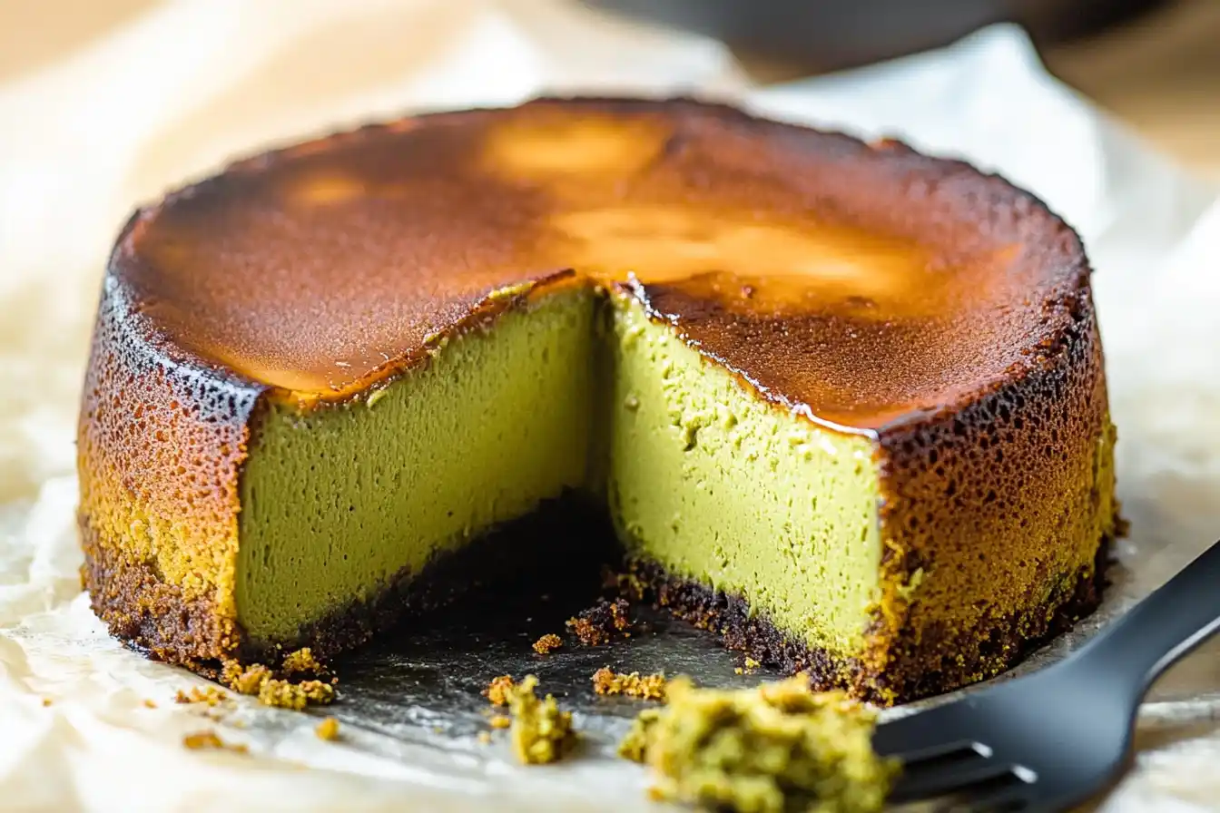 A rich and creamy Matcha Basque Burnt Cheesecake with a dark caramelized top and vibrant green interior, sitting on parchment paper with a slice removed, revealing its smooth texture - Matcha Basque Burnt Cheesecake