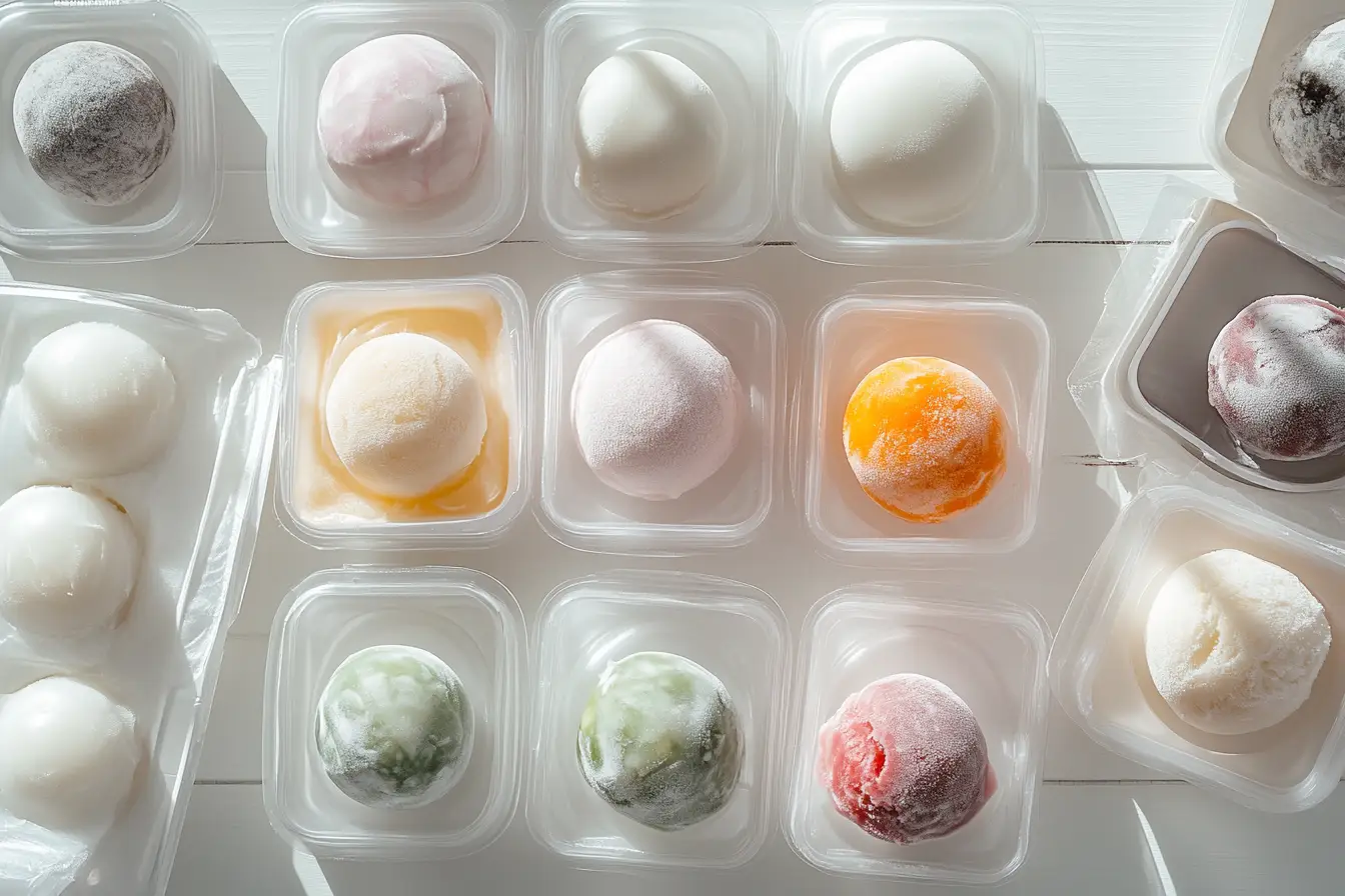 Assorted Japanese Mochi Ice Cream in plastic trays, featuring various flavors like matcha, mango, strawberry, and vanilla