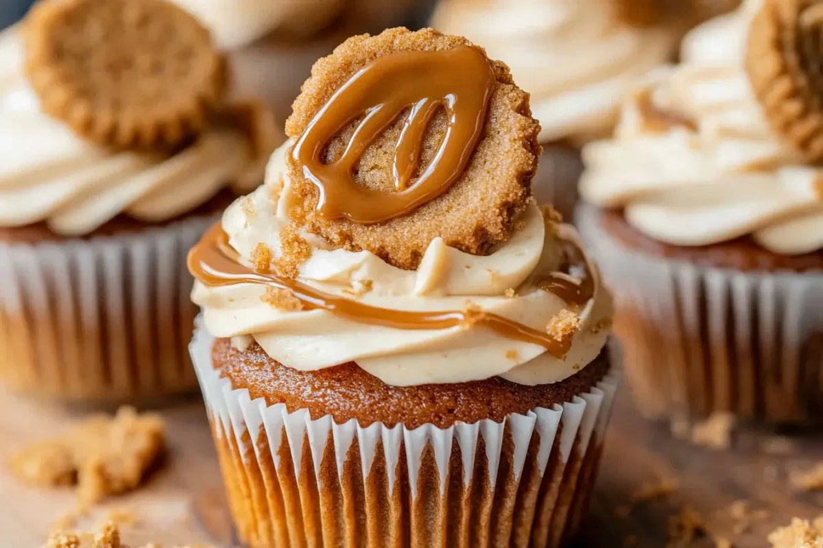 A beautifully decorated Biscoff Cookie Butter Cupcake topped with creamy buttercream, drizzled with melted cookie butter, and garnished with a caramel-glazed cookie.