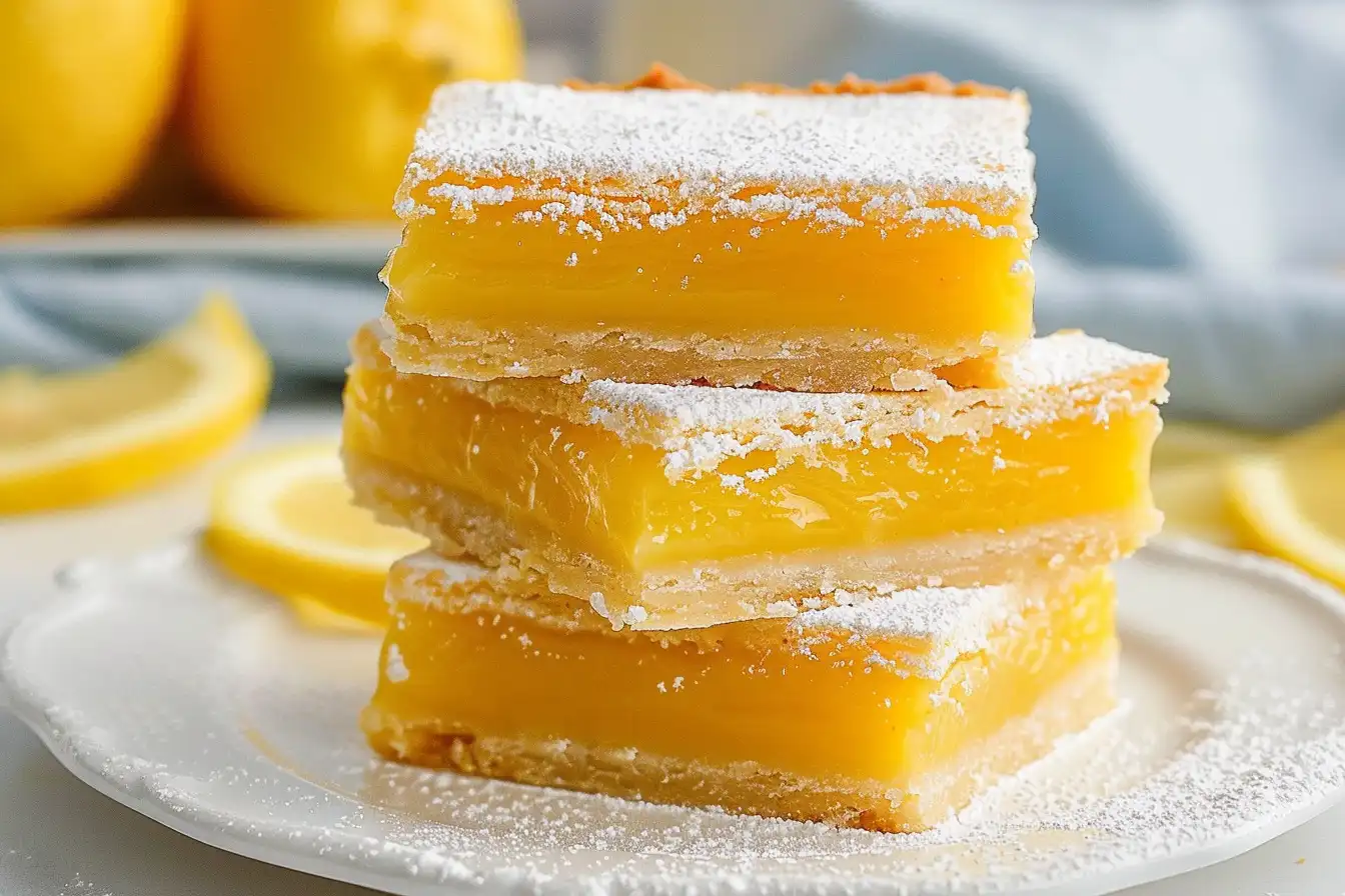 A stack of three lemon bars with powdered sugar on a white plate