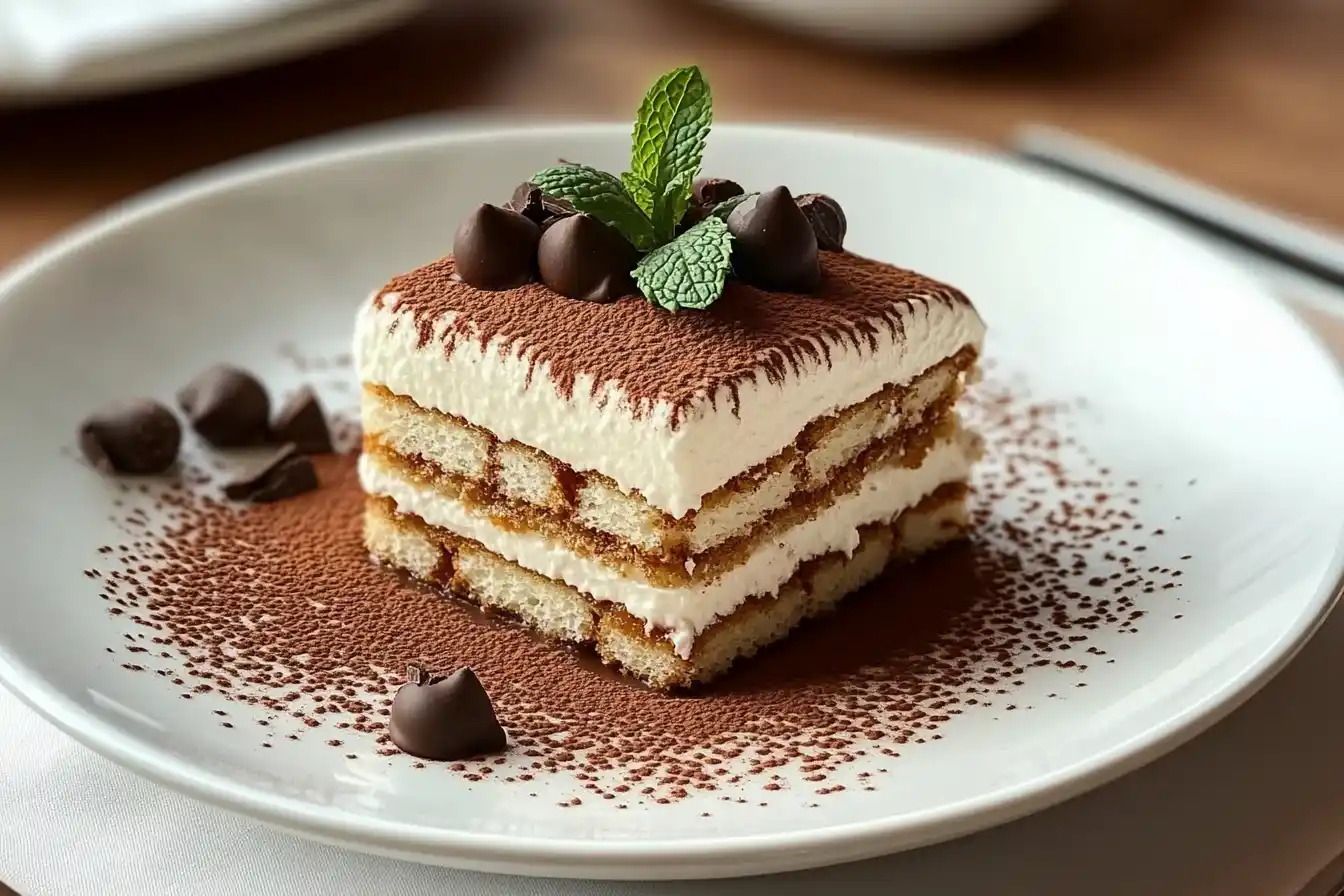 A beautifully plated slice of Classic Tiramisu topped with chocolate chips, cocoa powder, and fresh mint leaves.