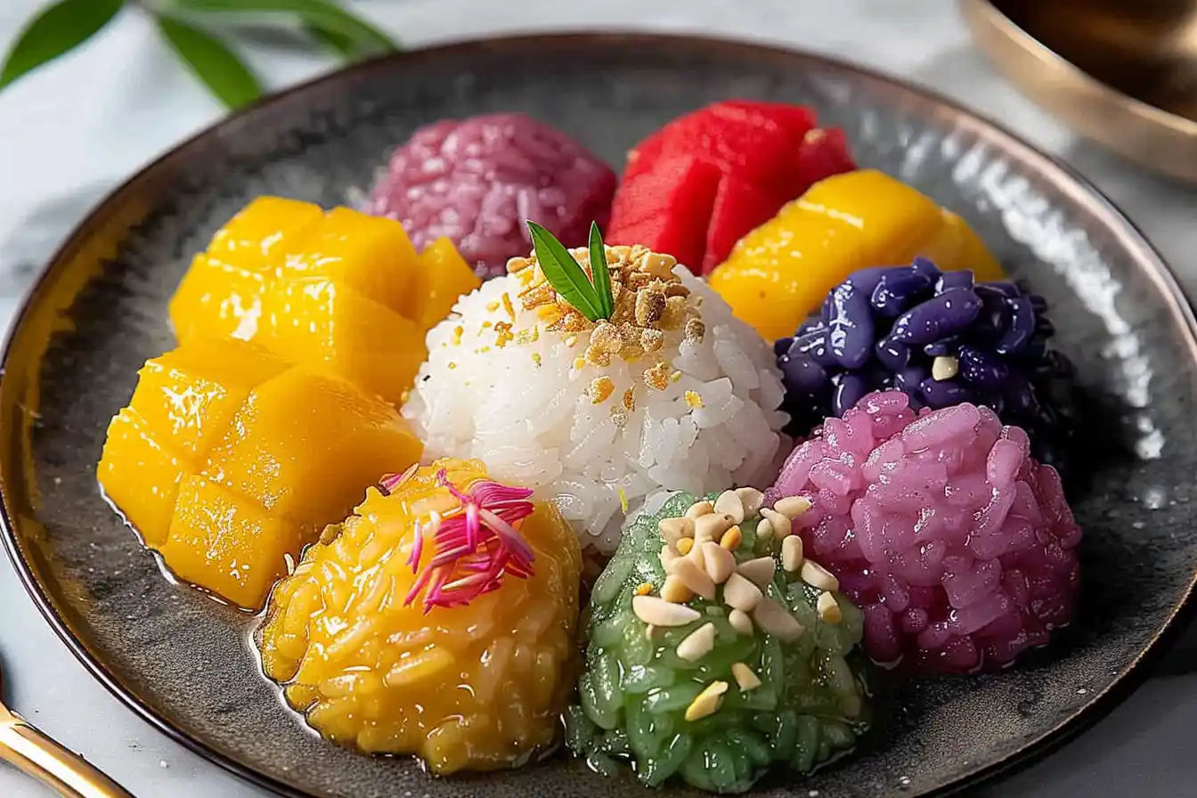 Colorful Mango Sticky Rice Platter With Assorted Sticky Rice Varieties