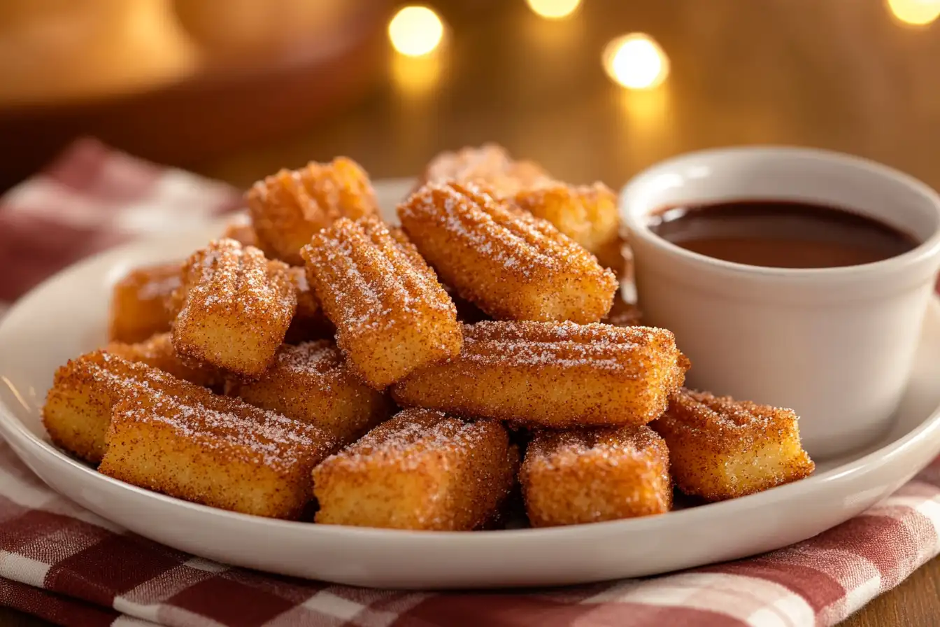 A plate of golden, crispy air fryer churro bites coated in cinnamon sugar with a cup of chocolate dipping sauce.