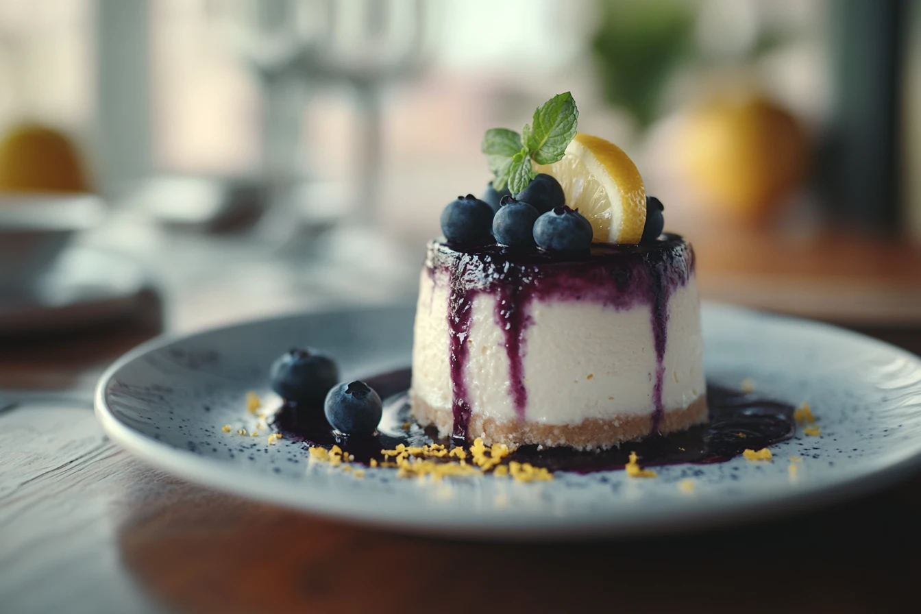 A beautifully plated keto blueberry lemon cheesecake with a golden almond flour crust, creamy filling, and a vibrant blueberry topping, garnished with fresh blueberries, lemon slice, and a sprig of mint.