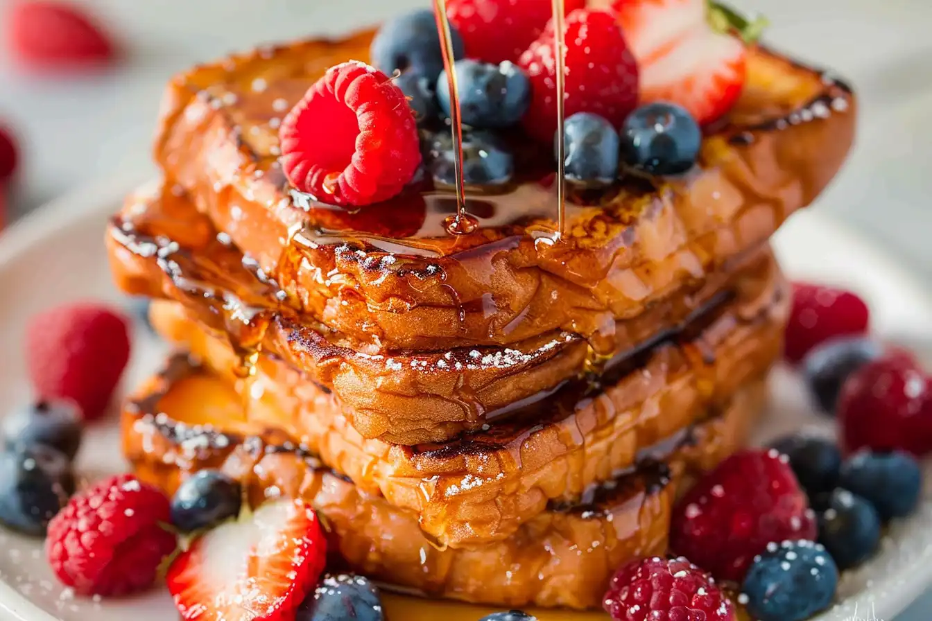 Stack of golden-brown French toast drizzled with syrup, topped with fresh raspberries, blueberries, and strawberries.