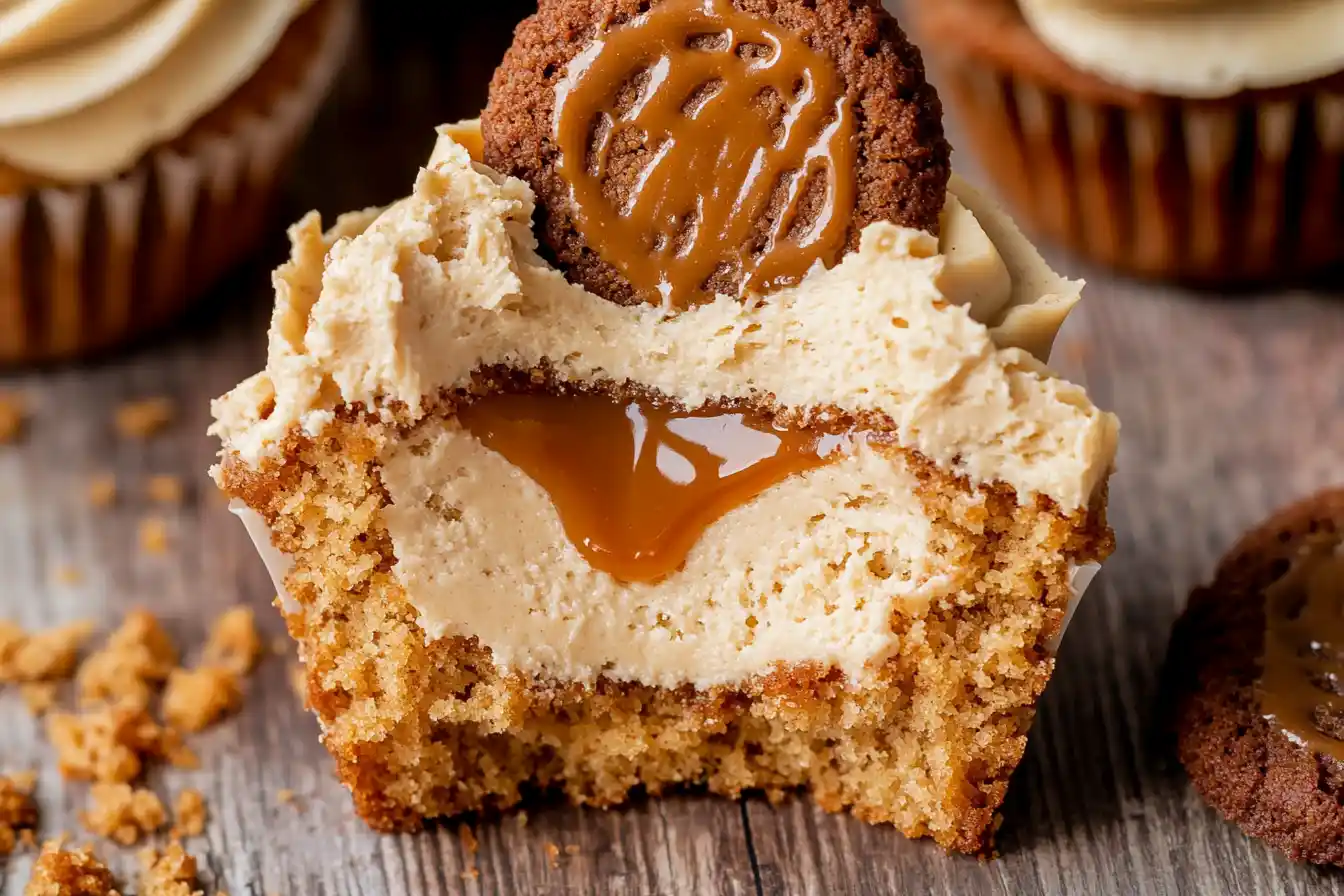 A close-up of a Biscoff Cookie Butter Cupcake cut in half, showing a gooey cookie butter filling inside, topped with fluffy Biscoff buttercream and a caramel-drizzled cookie garnish.