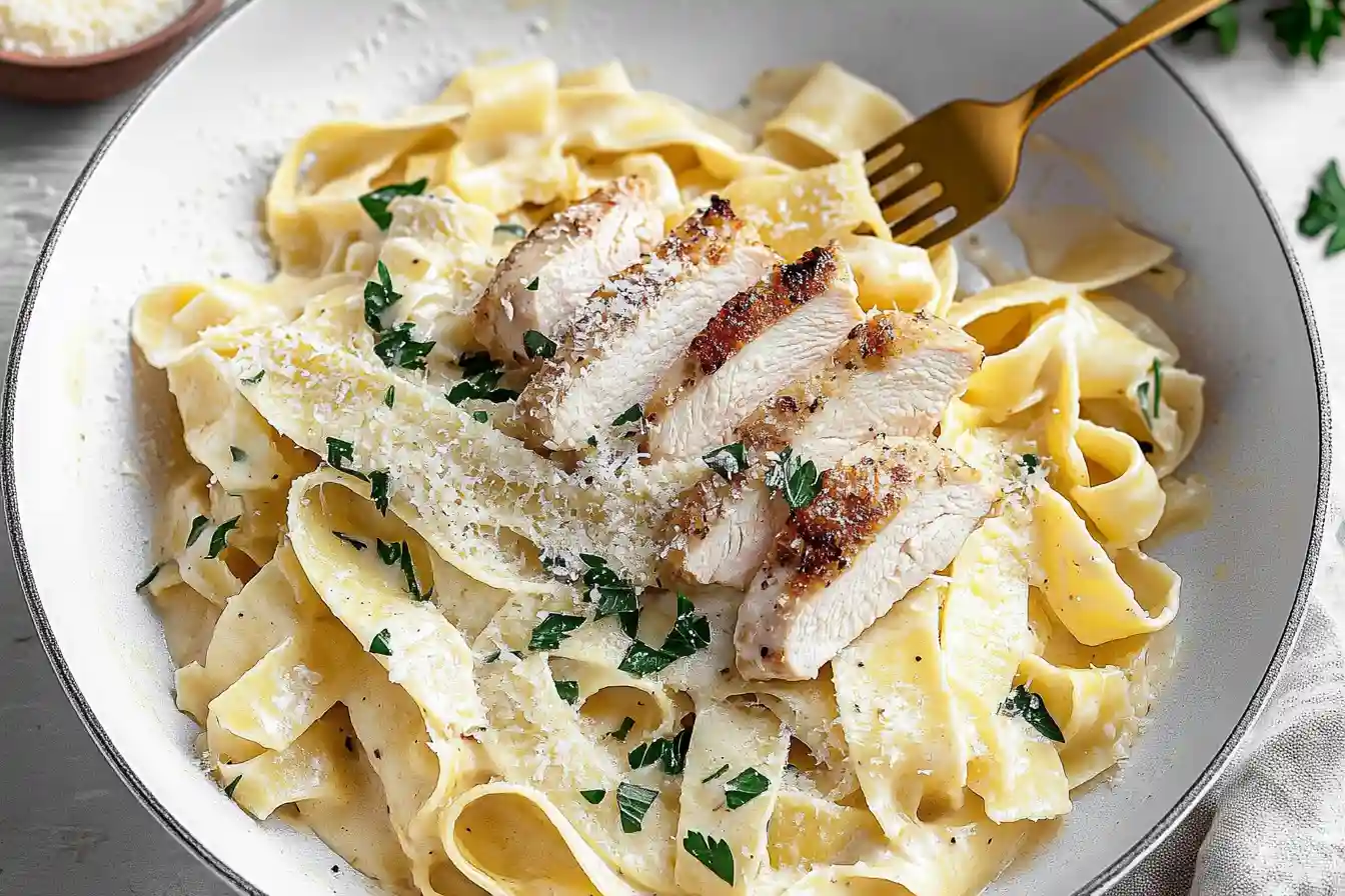 Creamy homemade Chicken Alfredo Pasta with grilled chicken and Parmesan.