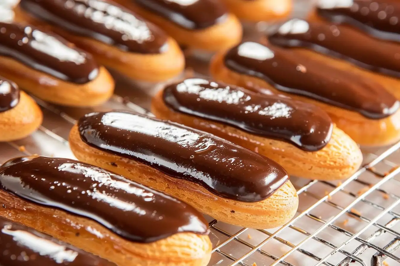 Freshly baked chocolate éclairs with a glossy dark chocolate glaze resting on a cooling rack.