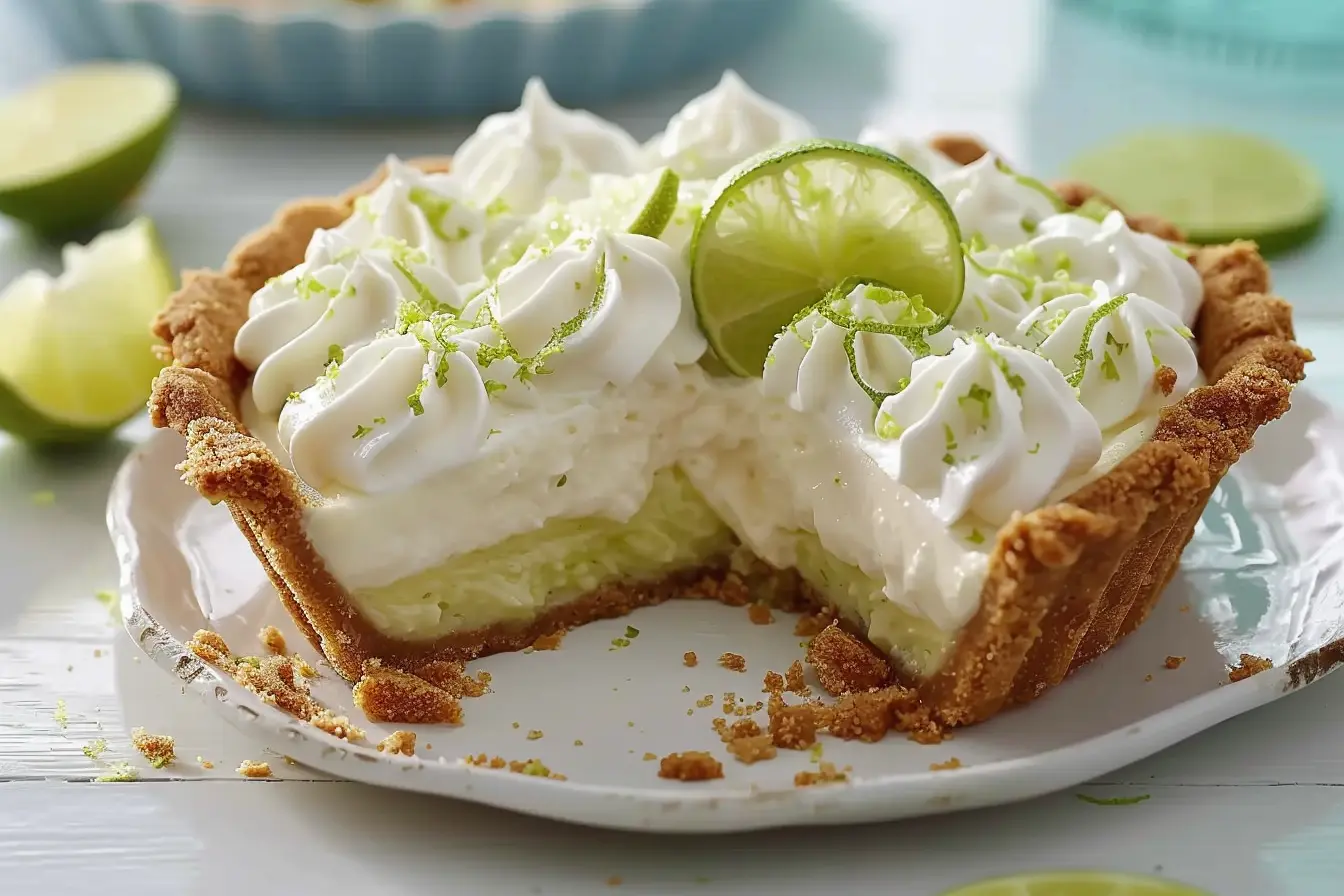Close-up of a delicious Key Lime Pie with a graham cracker crust, creamy lime filling, and whipped cream topping, garnished with fresh lime zest.