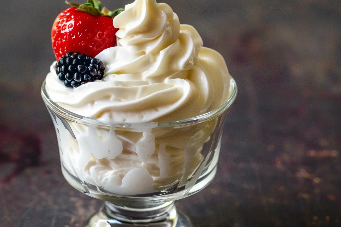 A close-up of keto cheesecake fluff in a glass dessert cup, topped with a fresh strawberry and blackberry, with a smooth and creamy texture