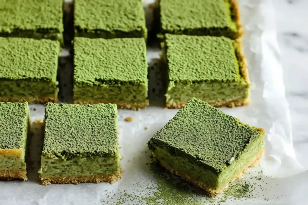 Sliced matcha cheesecake squares dusted with green tea powder