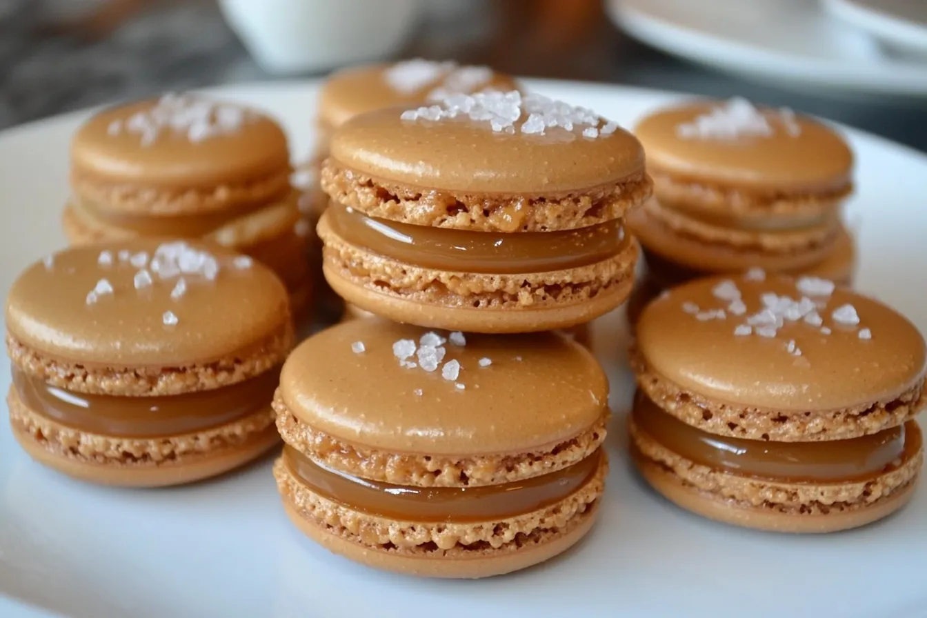 A close-up of golden-brown salted caramel macarons filled with smooth caramel and topped with flaky sea salt, arranged on a white plate.