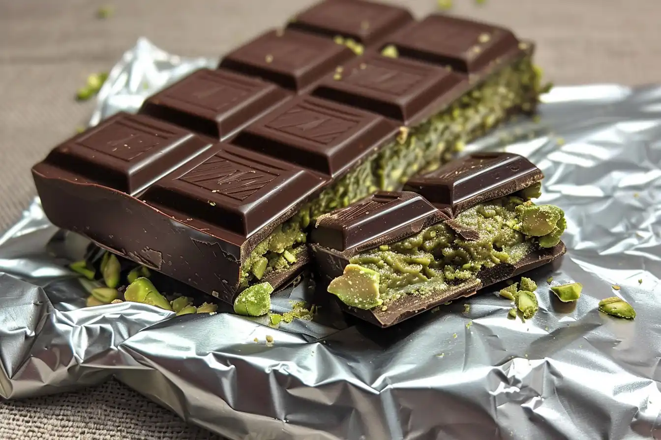 Knafeh Chocolate Bar with pistachio filling, cut to reveal the crispy knafeh strands inside.