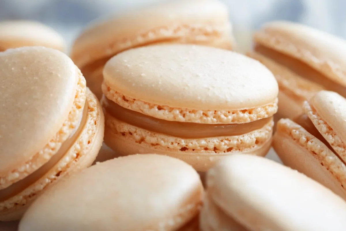A close-up of golden-brown salted caramel macarons filled with smooth caramel and topped with flaky sea salt, arranged on a white plate.