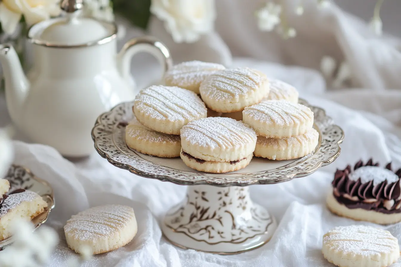 Earl Grey cookies dusted with powdered sugar on a decorative cake stand.